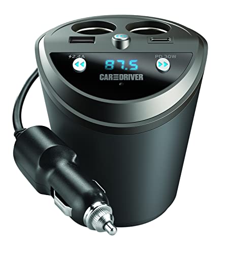 Car and Driver Smart FM Transmitter Bluetooth Cup Holder, Compatible with Alexa, Siri, and Google Assistant for Car, Dual USB-A and USB-C PD Fast-Charging Ports and Cigarette Lighter 12V Power Sockets