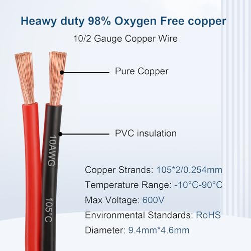 10 Gauge Wire 2 Conductors Copper Wire, 10 AWG Battery Cable Oxygen Free Copper Wire for Solar Panel, Automotive, Trailer, RV and Speaker (10 Gauge 10FT) - size: 10 FT, style: 10 AWG