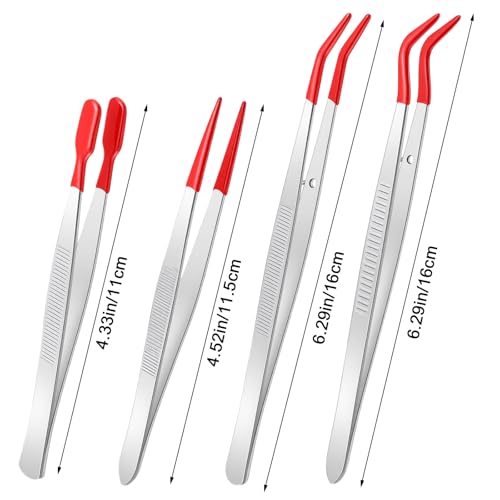 4 Pcs Rubber Tipped Tweezers PVC Coated Craft Tweezers for Stickers Straight Tip Flat Tip Long Bent Tweezer Pointed Tips for Crafts Stamps Electronics Beads Jewelry Lab Work