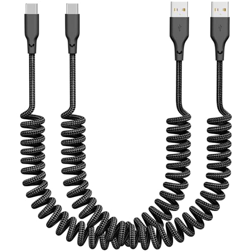 Coiled USB A to USB C Car Charger Cable, 2-Pack 3Ft Braided, Black - color: Black
