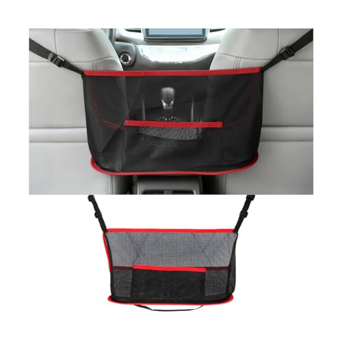 Car Net Pocket Handbag Holder, Vehicle Storage Organizer Between Front Seats for Phone Purse, Automotive Interior Driver Netting Pouch Accessories, Universal for SUV Truck RV (Red)