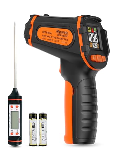 Mecurate Infrared Thermometer Gun -58°F to 1112°F, Laser Temperature Gun with Adjustable Emissivity, Max/Min/Hold for Cooking, BBQ, Freezer, Industrial Use,with Long Probe Meat Thermometer