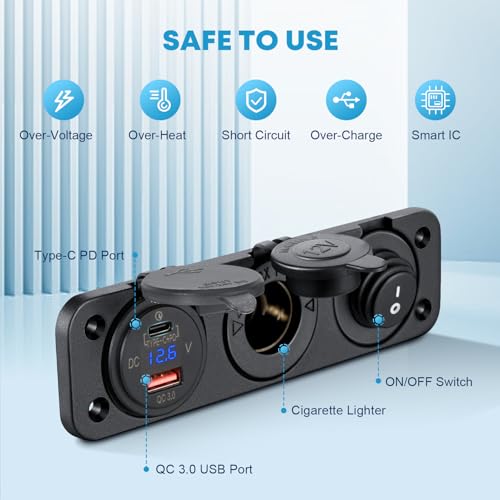Kohree 3 in 1 12V USB Outlet with USB QC3.0 & PD Type C Fast Charging Ports