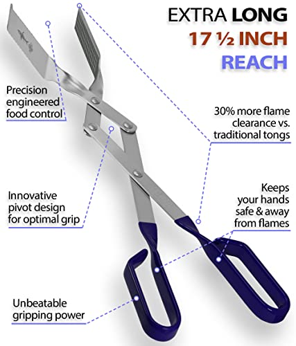 Grill Tongs - 17 inch (Blue) Steak Tongs. Professional kitchen and outdoor grilling utensil. Long reach Barbeque Grilling Tong. Ideal for steak, fish, burger, and sausage - color: Blue Steak Tongs