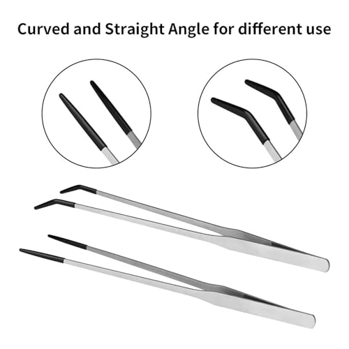 1set/2Piece Steel Reptiles Feeding Tongs Straight & Curved Long Tweezers with Nonslip Tip for Precise Handling Use Feeding Tongs with Rubber Tip