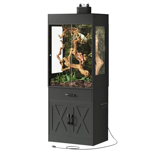 67 Gallon Reptile Tank with Stand,Reptile Enclosure with Cabinet for Lizards,Gecko,Skinks,Snakes,Reptile Terrarium with Power Outlet,Sliding Acrylic Doors,Bearded Dragon Tank Black CAGE001B - color: Black