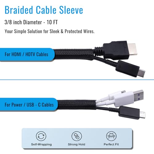 3/8" - 10Ft Split Braided Cable Sleeve, Wire Loom Tubing, Black - size: 3/8" - 10Ft