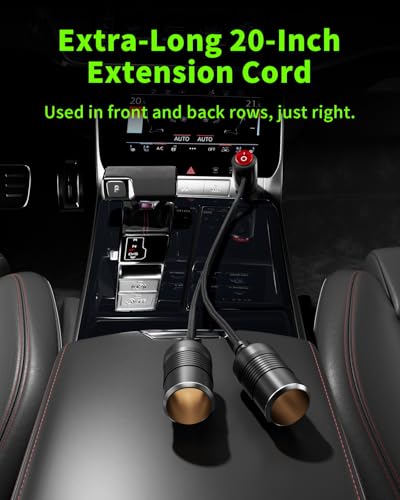 YANTU 120W/10A with Independent Switch Double Cigarette Lighter Adapter/Splitter with 20-inch Cigarette Lighter Extension Cord,12V Plug Socket 2-Way Y Adapter with Dual Charger Ports