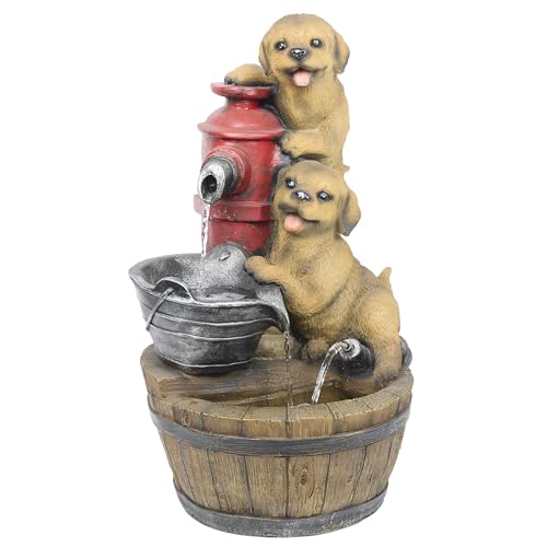 Alpine Corporation GXT986 26" Tall Outdoor Barrel Fountain with Playful Puppies, Cascading Garden Water Feature for Patio, Lawn, or Yard Decor, Brown - style: Barrel with Playful Puppies