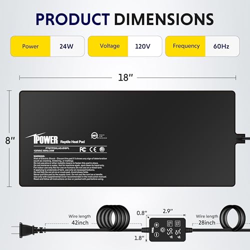 iPower 8 by 18 Inch 24W Reptile Heating Pad with Adjustable Thermostat, Under Tank Warmer Terrarium Heat Mat for Turtles/Snakes/Lizards/Frogs, and Other Reptiles - size: 8" x 18", style: Heat Pad - New