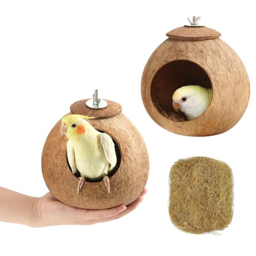 Bird Nest for Cage Natural Coconut Shell Birds House 2 Pack Parakeet Hide Breeding Hut Bird Cage Accessories & Decor Hamster Toys for Parrot Lovebirds Budgies Cockatiel Conure Finch Canary