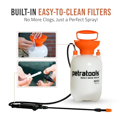 Petratools 1 Gallon Pump Sprayer – HD101 Garden Sprayer for Weeds, Lawn Care & Pesticides – 52” Long Hose, 2 Nozzles & Easy Carry Handle – Durable & Lightweight - size: 1 Gallon