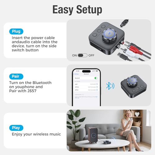 Bluetooth Receiver for Home Stereo, RCA Bluetooth Adapter for Optical, AUX