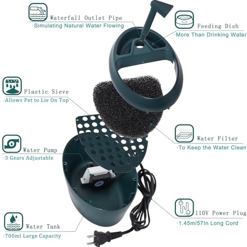 Reptile Waterfall Fountain & Feeder - Automatic Water Dispenser, Food Trough for Chameleon, Bearded Dragon, Turtle, Snake, Frog, Gecko