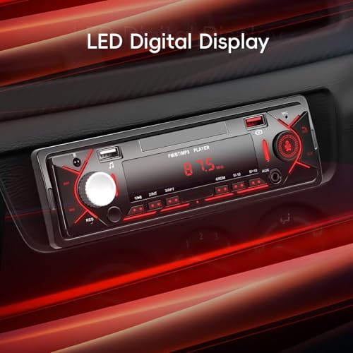 Single Din Car Stereo with Bluetooth 5.0 Hands Free Calling Digital Car Stereo Receiver FM Radio Car Mp3 Player Audio Multimedia System with 2 USB/AUX FM Radio USB Quick Charge LCD Digital Display