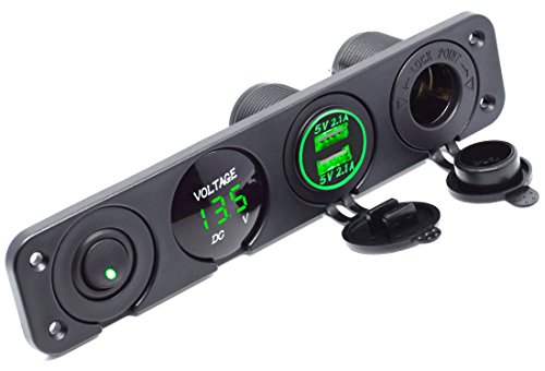 Dual USB Socket Charger 2.1A&2.1A + LED Voltmeter + 12V Power Outlet + ON-Off Toggle Switch Four Functions Panel for Car Boat Marine RV Truck Camper Vehicles GPS Mobiles (Green) - color: Green
