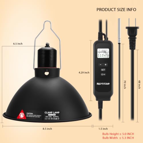 REPTITRIP 8.5 Inch Reptile Heat Lamp Fixture with PID Thermostat & 150W Ceramic Heat Emitter (Non-Light Emitting), Independent Day & Night Temperatures, Lampshade MAX 150W - size: 8.5 inch