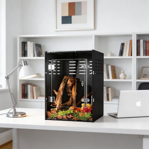 12" x 12" x 18" Reptile Enclosure, Black PVC Terrarium with Front Opening Doors, Screen Top Ventilation, Secure Lock for Arboreal Reptiles - color: Black