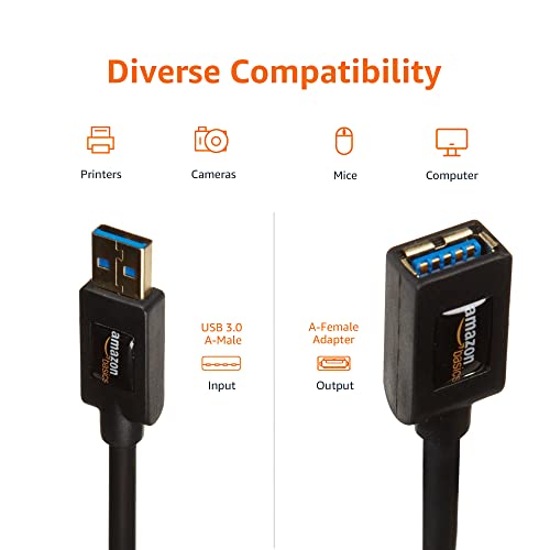 Amazon Basics USB 3.0 Extension Cable, A-Male to A-Female, 4.8Gbps High-Speed, Gold-Plated Connectors, 6.5 Foot, Black - size: 6.5 Feet