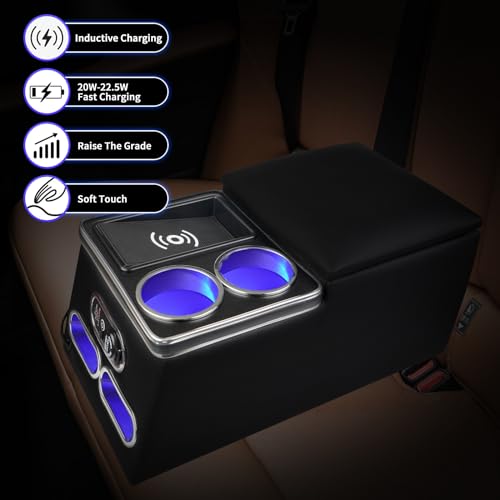 Upgrade Universal Center Console Organizer with Inductive Charging Stand, Fast Charging, Cup Holder, and Phone Holder for Car, Truck, and Van, Back Bench Seat Armrest Middle Storage Box