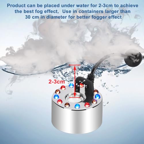 FITNATE 350ml/H Mist Maker Fogger,12 LED Fog Atomizer Air Humidifier, with Adjustable Fog Controller, for Water Fountain Pond Rockery Vase Birdbath - color: Silver