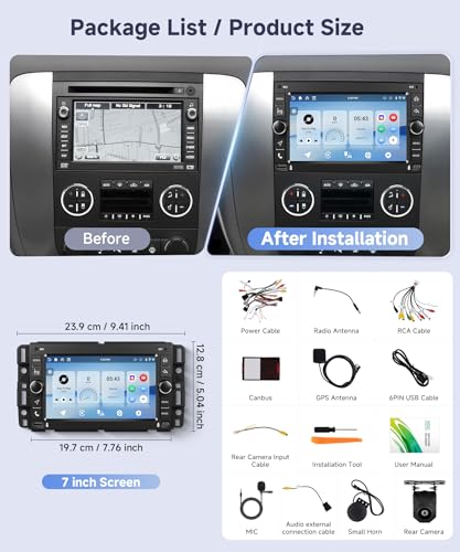 4G+128G Android Car Radio for GMC Sierra 2007-2013 with Wireless CarPlay Android Auto, 7 Inch Touchscreen Car Stereo Mirror Link GPS Navigation WiFi Bluetooth FM RDS EQ SWC Backup Camera