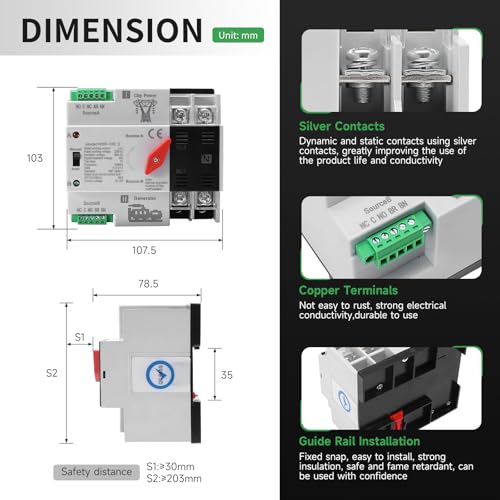 63Amp AC220V Automatic/Manual Transfer Switch 2P 50/60Hz, 2POLE 63A Mini ATS Auto Dual Power Switch W2R for Home Generator, Din Rail Mount Cn Automatic Changeover Fast Transfe for Solar,Rv,Lv Power - size: 2P 63A AC220V