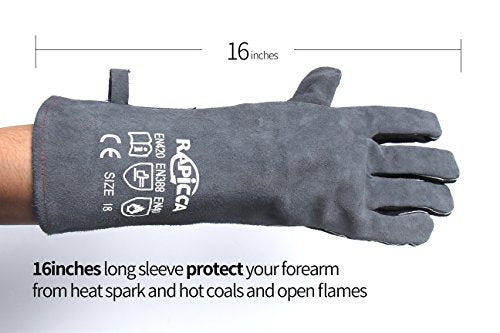 RAPICCA Fireplace Fire Pit Gloves, 662°F Fireproof Leather, 16 in Grey | For Wood Stove, Campfire, Charcoal, Cast Iron, BBQ Grill, Oven, Stick & MIG Welding, Forge, Dry Ice - color: Grey(length 16in)