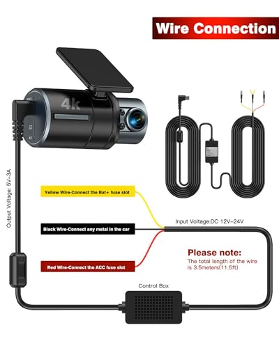 PATILWON Dash Cam Hardwire Kit USB C Port, 11.5ft Dashboard Camera Car Charger Cable 12V- 24V to 5V/3A Low Voltage Protection