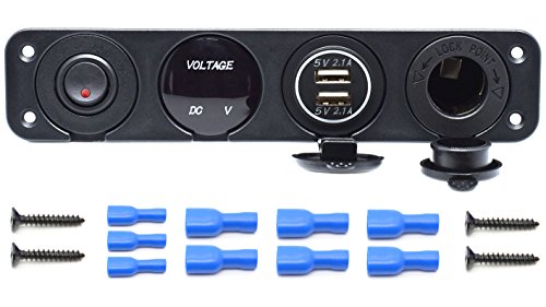 Dual USB Socket Charger 2.1A&2.1A + LED Voltmeter + 12V Power Outlet + ON-Off Toggle Switch Four Functions Panel for Car Boat Marine RV Truck Camper Vehicles GPS Mobiles (Red) - color: Red