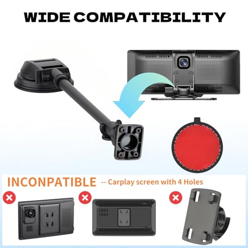 Suction Cup Mount for Carplay Screen with Scrwes, 11.8” Long Arm 360° Adjustable Aluminum Alloy Arm, Strength Windshield Dashboard Mount with 78mm Adhesive Disk for All Car Display Holder