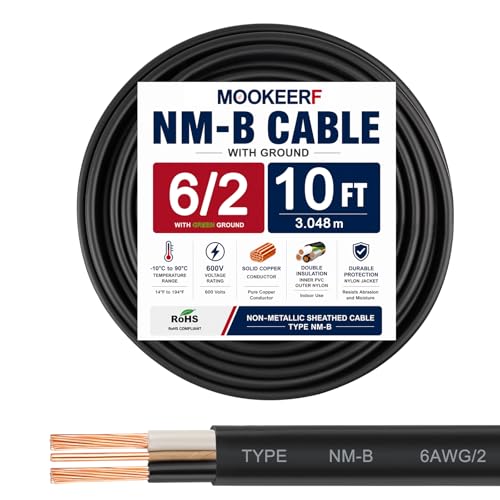6/2 Wire with Ground - 10FT 6 Gauge NM-B Non-Metallic Sheathed Cable 100% Pure Copper 6 AWG 2 Conductor Residential Indoor Wire for Outlets, Switches, Other Loads and Lighting Wiring Projects etc. - size: 10FT, style: 6AWG/2