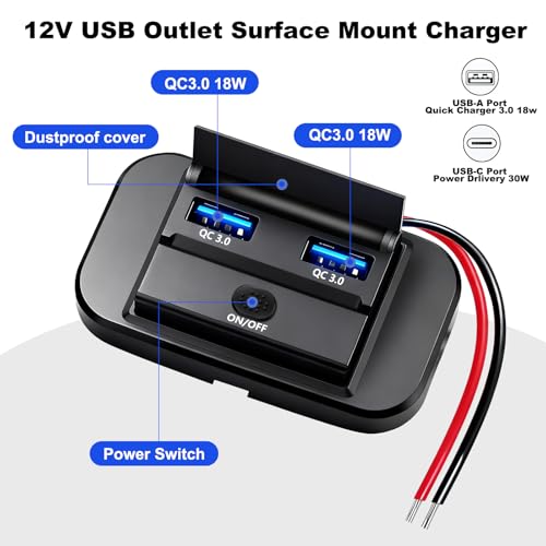 12V Flush Mount USB Charger with Power Switch, Multi-Port Car Charger for RV, Boat, Car, Bus, ATV, Motorcycle - Panel Mount Charging Accessories (QC+QC)