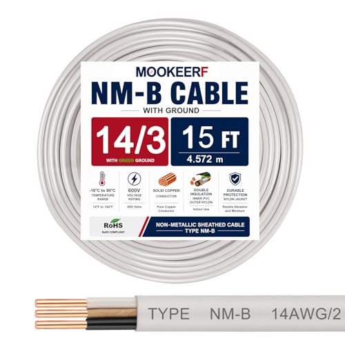 14/3 Wire with Ground - 15FT 14 Gauge NM-B Non-Metallic Sheathed Cable 100% Pure Copper 14 AWG 3 Conductor Residential Indoor Wire for Outlets, Switches, Other Loads and Lighting Wiring Projects etc. - size: 15FT, style: 14AWG/3