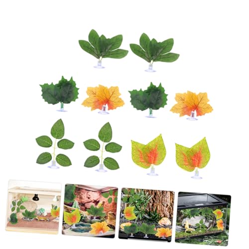BESPORTBLE 10pcs Reptile Tank Plants with Suction Cups, Lifelike Artificial Terrarium Plant Ornaments for Lizard, Chameleon, Snake Habitat Decoration, Aquarium Landscaping Accessories