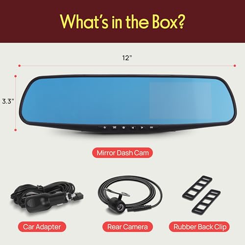Pyle Dash Cam Rearview Mirror - 4.3” DVR Monitor Rear View Dual Camera Video Recording System in Full HD 1080p w/Built in G-Sensor Motion Detect Parking Control Loop Record Support - PLCMDVR49
