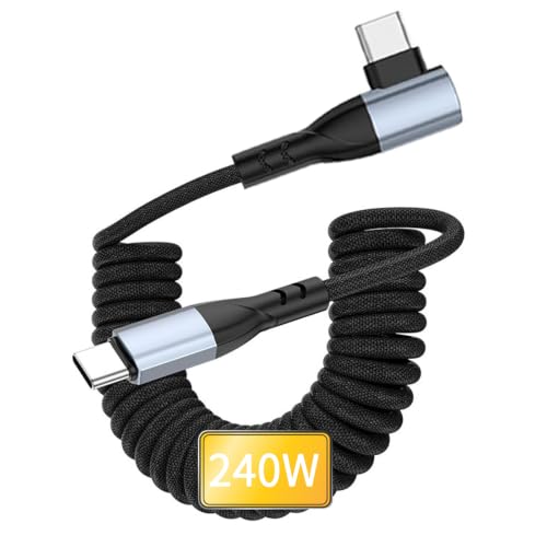 240W Coiled USB C to USB C Cable, Right Angle Type C Carplay Cable