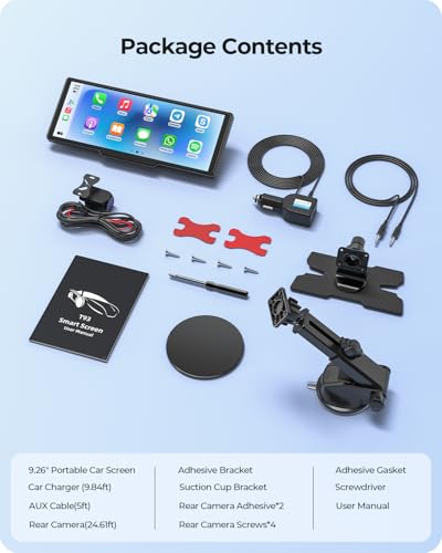 9.26" Wireless Carplay Screen for Car with 4K Dash Cam & HD Backup Camera