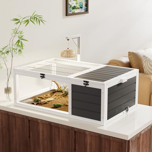 Wood Tortoise Habitat House Indoor with Lamp Holder ＆ Observation Window, Outdoor Tortoise Habitat Amphibians Reptile Cage with 2 Removable Waterproof Trays for Small Animals (Gray C)