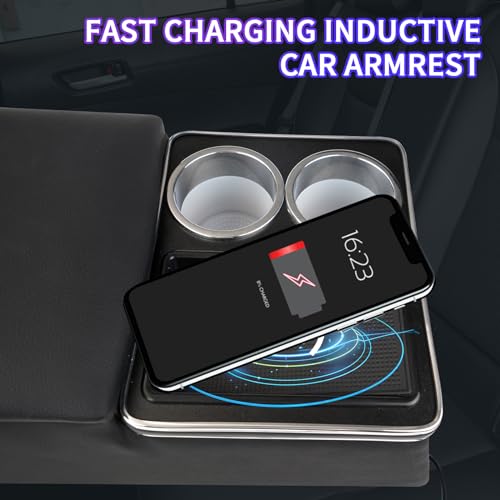 Upgrade Universal Center Console Organizer with Inductive Charging Stand, Fast Charging, Cup Holder, and Phone Holder for Car, Truck, and Van, Back Bench Seat Armrest Middle Storage Box