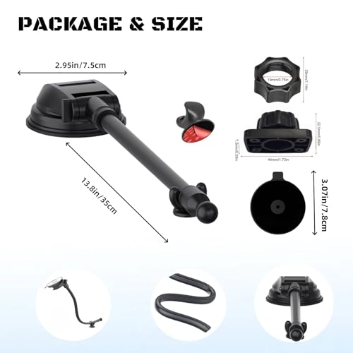 Suction Cup Mount for Carplay Screen with Scrwes, 11.8” Long Arm 360° Adjustable Aluminum Alloy Arm, Strength Windshield Dashboard Mount with 78mm Adhesive Disk for All Car Display Holder