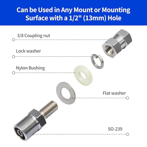 CB Antenna Mount Adapter Universal UHF SO239 Female Stub Mount Heavy Duty Connector Standard 3/8 X 24 Threaded for CB Ham Radio Antenna 2pcs - style: 2PCS