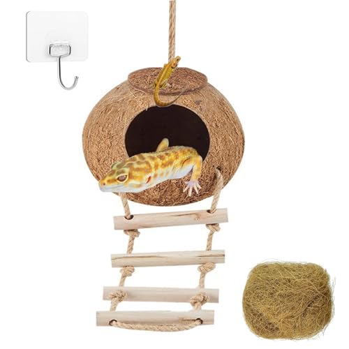 Crested Gecko Coconut Hide with Ladder Shell Natural,Reptile Coco Hut Cave Habitat with Suction Cup Terrarium Décor for Hermit Crab, Lizard, Leopard Gecko Snake Reptiles