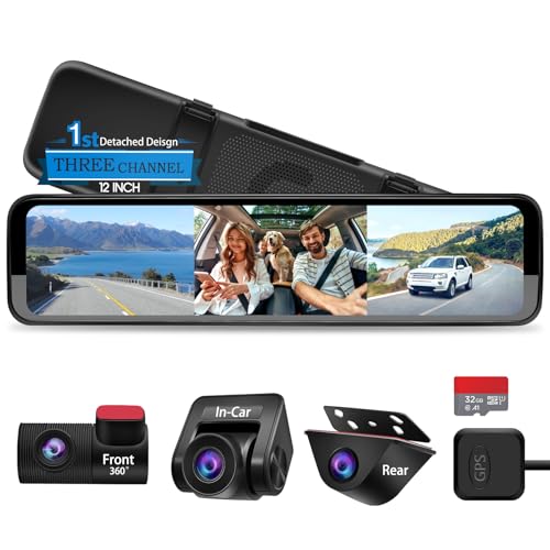Rear View Mirror Dash Cam 3 Channel: 12" Rearview Dashcam with Detached 360° Front,Infrared Inside,Waterproof Backup Camera - GPS Loop Record Parking Monitoring for Car Truck RV Uber Driver