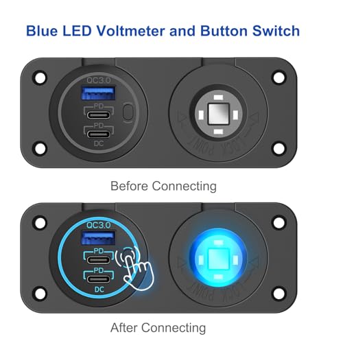 Upgraded 78W 3 Port 12V 24V USB Outlet Cigarette Lighter Socket Panel, Dual 30W PD and QC3.0 Multi Port Cylinder Charger with Button Switch and 150W Lighted Socket 2 in 1 DIY Kit for Car Boat RV, etc.