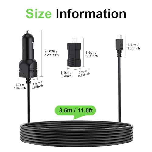 Dash Camera Car Charger, Mini USB and Micro USB Interfaces, Driving Recorders Power Cord Universal Car Adapter Power Cord 3.5m/11.5ft 12V/24V to DC5V 2A(I Interface) - size: 2A-I-Mini/Micro USB