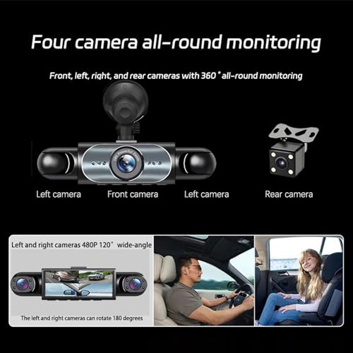 Dash Cam for Cars, 360 Degree View with 3.16 Inch Screen 170 Degree Wide Angle 4 Lenses G Sensor Loop Recording 24H Parking Mode, for Family Taxi Fleet Vehicles
