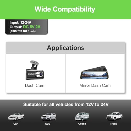 Dash Camera Car Charger, Mini USB and Micro USB Interfaces, Driving Recorders Power Cord Universal Car Adapter Power Cord 3.5m/11.5ft 12V/24V to DC5V 2A(I Interface) - size: 2A-I-Mini/Micro USB