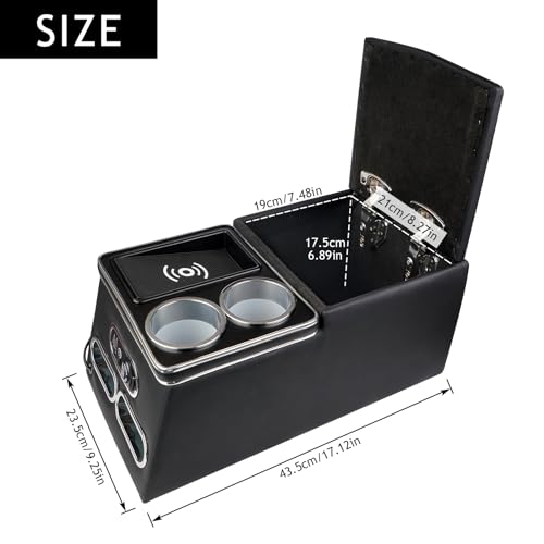 Upgrade Universal Center Console Organizer with Inductive Charging Stand, Fast Charging, Cup Holder, and Phone Holder for Car, Truck, and Van, Back Bench Seat Armrest Middle Storage Box