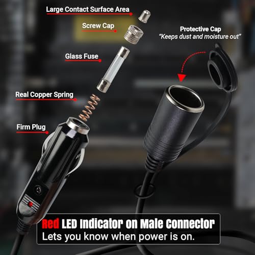 TMH Cigarette Lighter Extension Cord Cable - 6 FT, 14 AWG Heavy Duty Male to Female Socket 12V/24V Car Charger with Cigarette Lighter Socket - size: 14 AWG - 6 FT